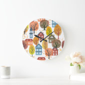 Herbst Elegance: Wasserfarben Stadt und Bäume Große Wanduhr (Zuhause)