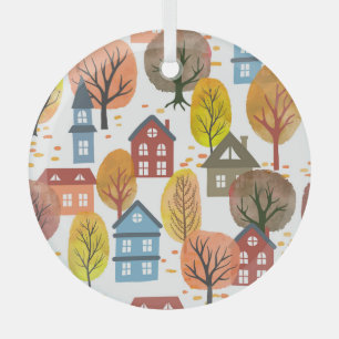 Herbst Elegance: Wasserfarben Stadt und Bäume Ornament Aus Glas