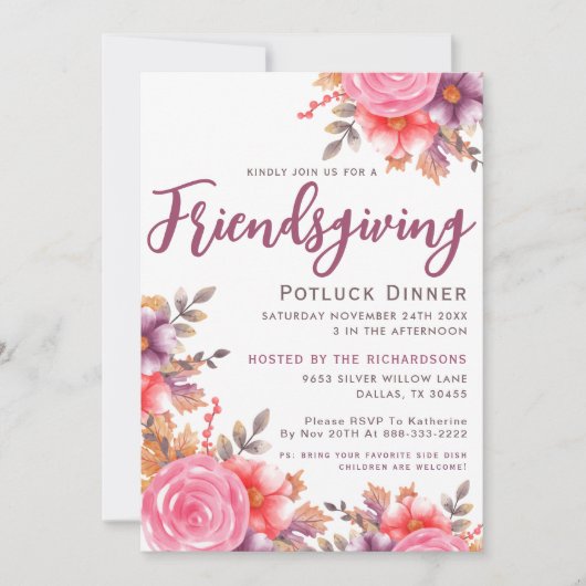 Herbst Elegant Floral Friendsgiving Potluck Abende Einladung (Vorderseite)