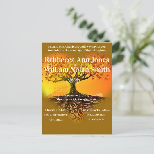 Herbst Erde Tones Romantische Baumhochzeit Einladungspostkarte (Stehend Vorderseite)