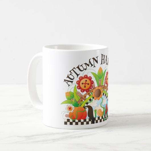Herbst Ernte Folklore Art Pumpkin und Sonnenblumen Kaffeetasse (Vorderseite Links)