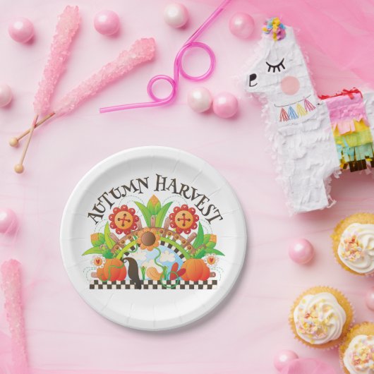 Herbst Ernte Folklore Art Pumpkin und Sonnenblumen Pappteller (Party)