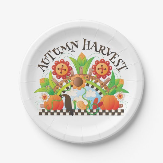 Herbst Ernte Folklore Art Pumpkin und Sonnenblumen Pappteller (Vorderseite)