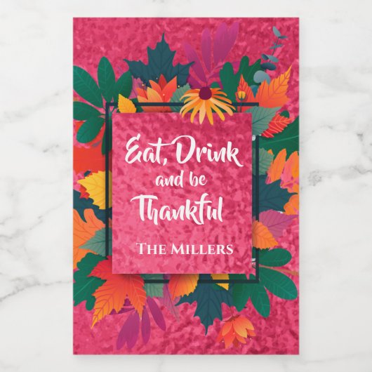 Herbst Erntedank Blätter auf Hot Pink Weinetikett (Einzelnes Label)