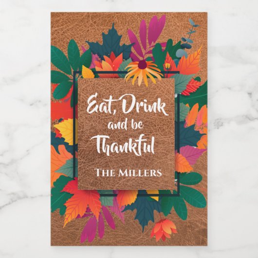 Herbst Erntedank Blätter auf Leder Weinetikett (Einzelnes Label)