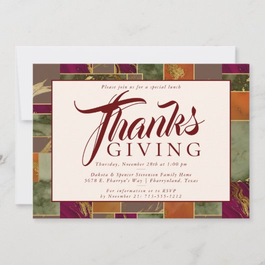 Herbst Erntedank Gold Burgund Marmorabend Einladung (Vorderseite)