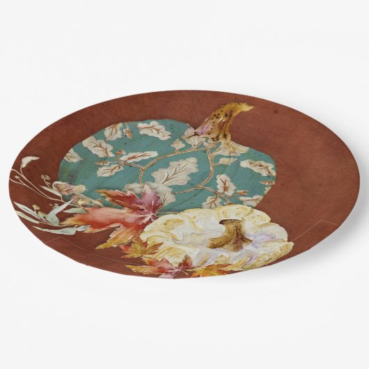 Herbst Erntedank Pumpkin Scroll Patrone Leaf Art Pappteller (Schrägansicht)