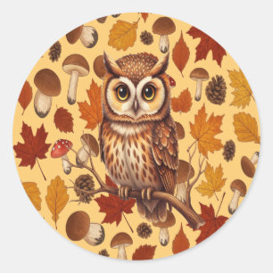 Herbst-Eule und Blätter als Geschenk Runder Aufkleber
