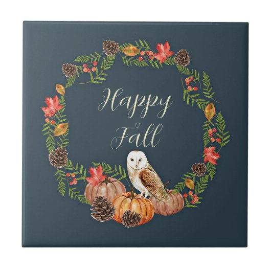 Herbst-Eule und Kürbisse mit anpassbarem Text  Fliese (Vorderseite)