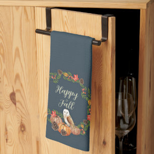 Herbst-Eule und Kürbisse mit anpassbarem Text Geschirrtuch
