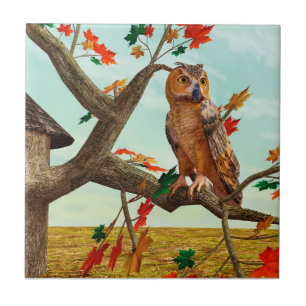 Herbst-Eulen-Ahornbaum-Wildlife-Kunst Fliese