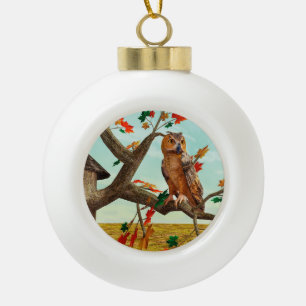 Herbst-Eulen-Ahornbaum-Wildlife-Kunst Keramik Kugel-Ornament