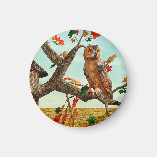 Herbst-Eulen-Ahornbaum-Wildlife-Kunst Magnet (Vorne)