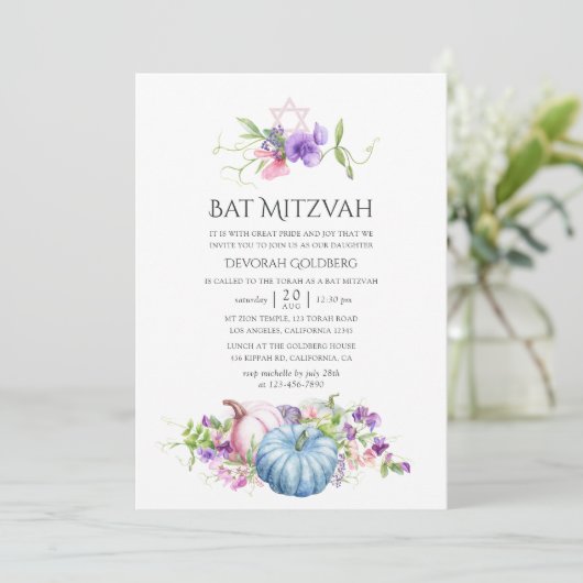Herbst - Fall Floral Bat Mitzvah Einladung (Stehend Vorderseite)