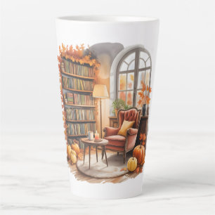 Herbst-Fenster-Lesetassen — Gemütlicher Sessel & B Milchtasse