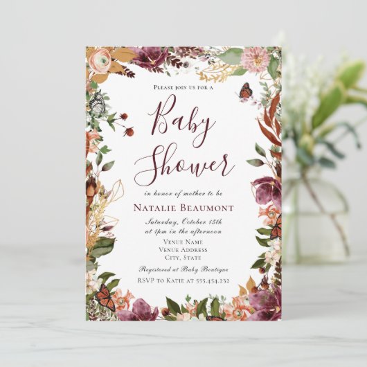 Herbst Floral Baby Dusche Einladung (Stehend Vorderseite)