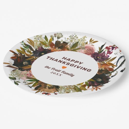 Herbst floral Happy Thanksgiving Pappteller (Schrägansicht)