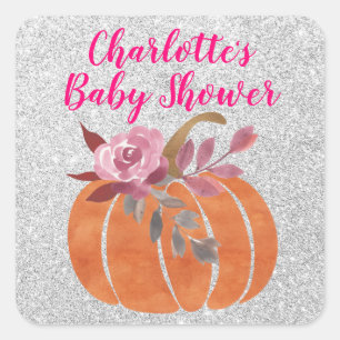 Herbst Floral Pumpkin Baby Dusche Pink Silver Quadratischer Aufkleber