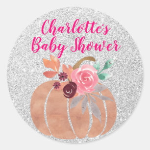 Herbst Floral Pumpkin Baby Dusche Pink Silver Runder Aufkleber