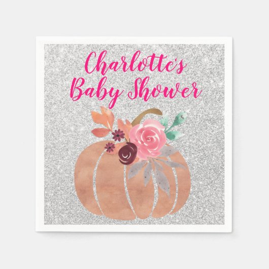 Herbst Floral Pumpkin Baby Dusche Pink Silver Serviette (Vorderseite)