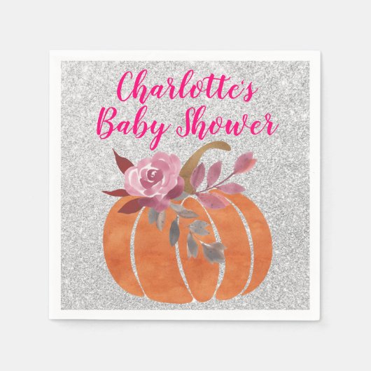 Herbst Floral Pumpkin Baby Dusche Pink Silver Serviette (Vorderseite)