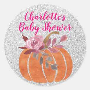 Herbst Floral Pumpkin Baby Dusche Rosa Silver Runder Aufkleber