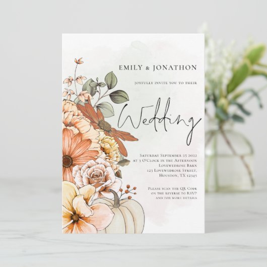 Herbst Floral Pumpkin Skript QR Code Hochzeit Einladung (Stehend Vorderseite)