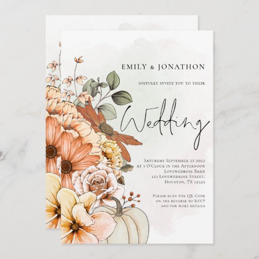 Herbst Floral Pumpkin Skript QR Code Hochzeit Einladung (Vorne/Hinten)