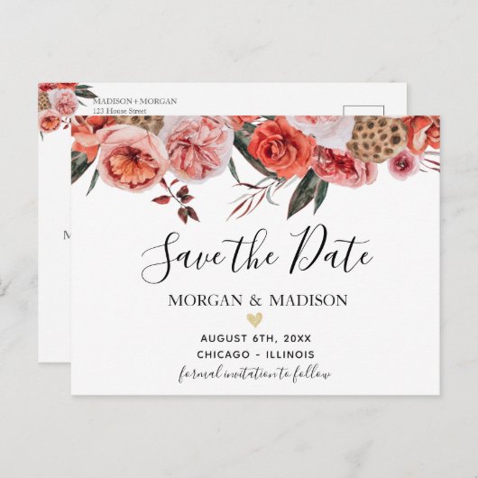 Herbst Floral terracotta Save the Date Postkarte (Vorne/Hinten)
