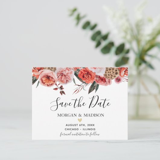 Herbst Floral terracotta Save the Date Postkarte (Stehend Vorderseite)