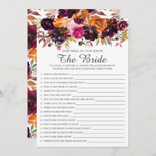 Herbst floral wie gut kennen Sie das Bride-Spiel Einladung (Vorne/Hinten)