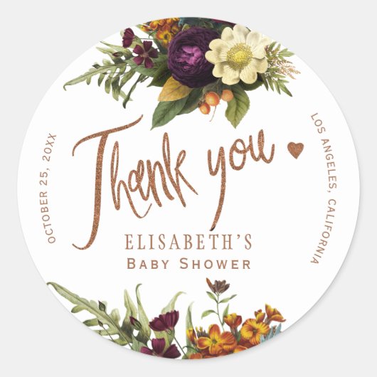 Herbst florale Kupfer-Babydusche Danke Runder Aufkleber (Vorderseite)