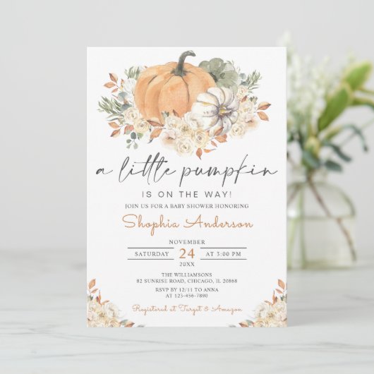 Herbst floraler Fall ein wenig Pumpkin Baby Dusche Einladung (Stehend Vorderseite)