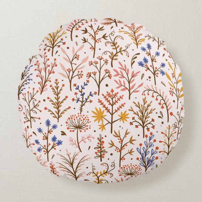 Herbst florales nahtloses Muster. Doodle-Pflanze,  Rundes Kissen (Vorderseite)