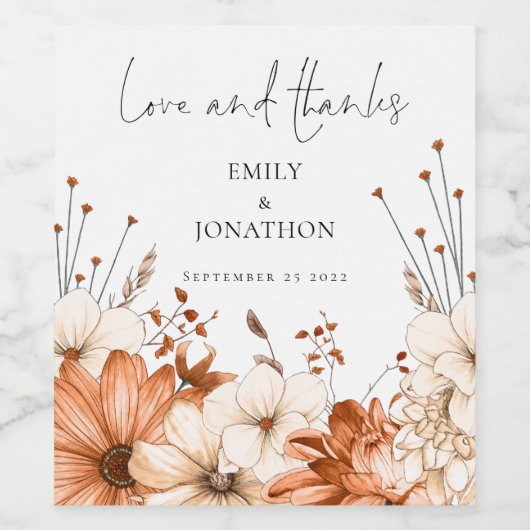 Herbst Florals Liebe dank Namen Datum Hochzeit Weinetikett (Einzelnes Label)