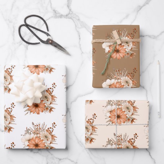 Herbst Florals Muster White Creme Gold Erntedank Geschenkpapier Set (Vorderseite)