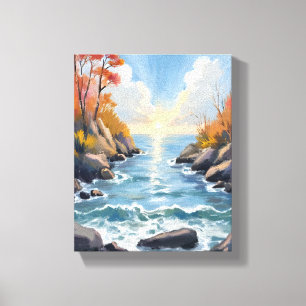 Herbst-Fluss-Sonnenlicht-Herbstlandschaft-Aquarell Leinwanddruck