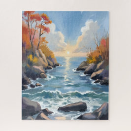 Herbst-Fluss-Sonnenlicht-Herbstlandschaft-Aquarell Puzzle