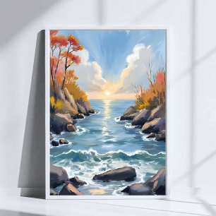 Herbst-Fluss-Sonnenlicht-Wasserfarbenlandschaft Poster