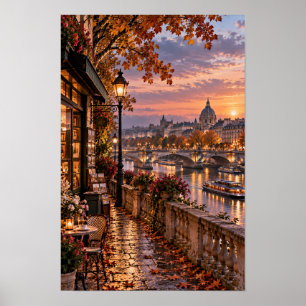 Herbst-Flussufer-Europäische Stadt-Sonnenuntergang Poster