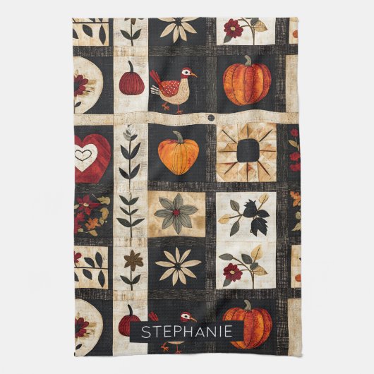 Herbst Folk Art Quilt Muster | rustikal Geschirrtuch (Vertikal)