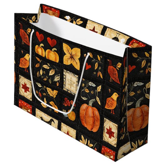 Herbst Folk Art Quilt Muster | Rustikales Patchwor Große Geschenktüte (Vorderseite Schrägansicht)