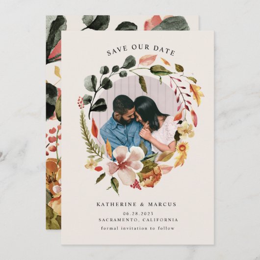 Herbst fühlen Blumenkranz rettete das DatumEinladu Einladung (Vorne/Hinten)