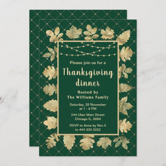 Herbst Gold Blätter Erntedank Dinner Green Einladung (Vorne/Hinten)