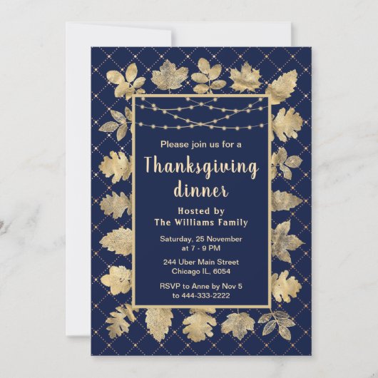 Herbst Gold Blätter Erntedank Dinner Navy Einladung (Vorderseite)