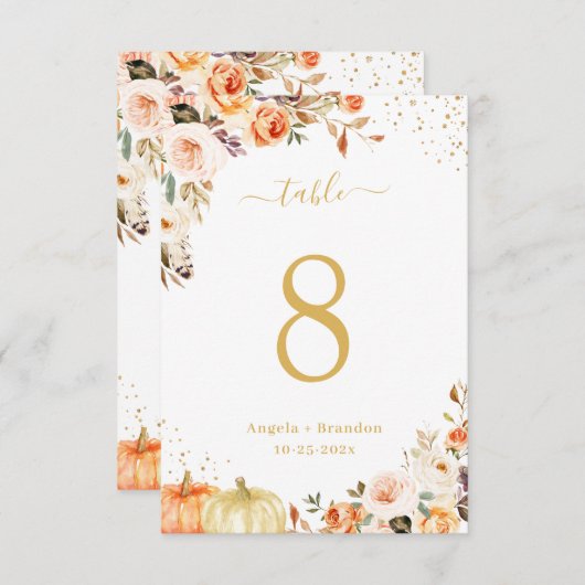 Herbst-Gold-Glitzer-Blumenzettel Tischnummer (Vorne/Hinten)