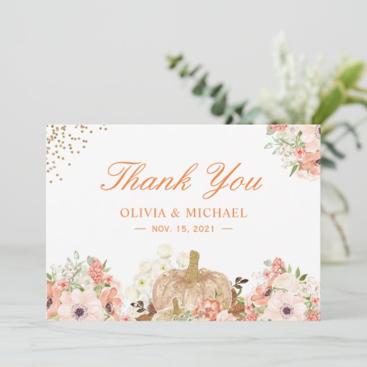 Herbst-Gold-Glitzer Pumpkin-Blume Dankeskarte (Stehend Vorderseite)