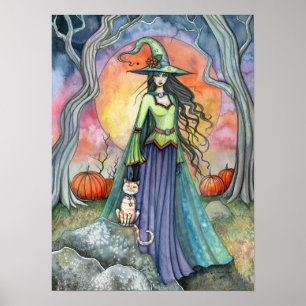 Herbst Halloween Hexenkatze Kunstposter Druck Poster