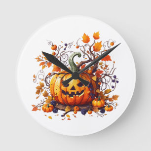 Herbst Halloween lustiger Kürbis Runde Wanduhr