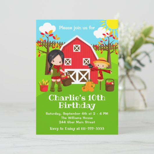 Herbst Herbst Barnyard Birthday Black Hair Girl Einladung (Stehend Vorderseite)